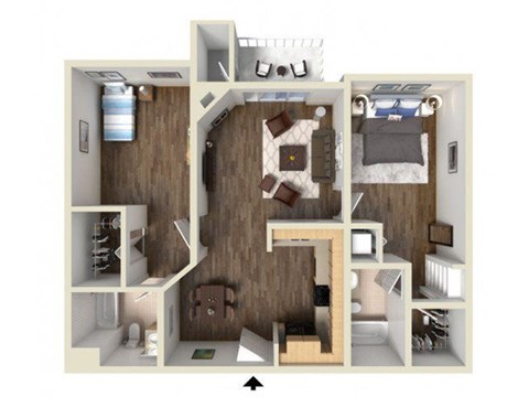Floor plan for 2 beds, 2 baths, 1025 sqft